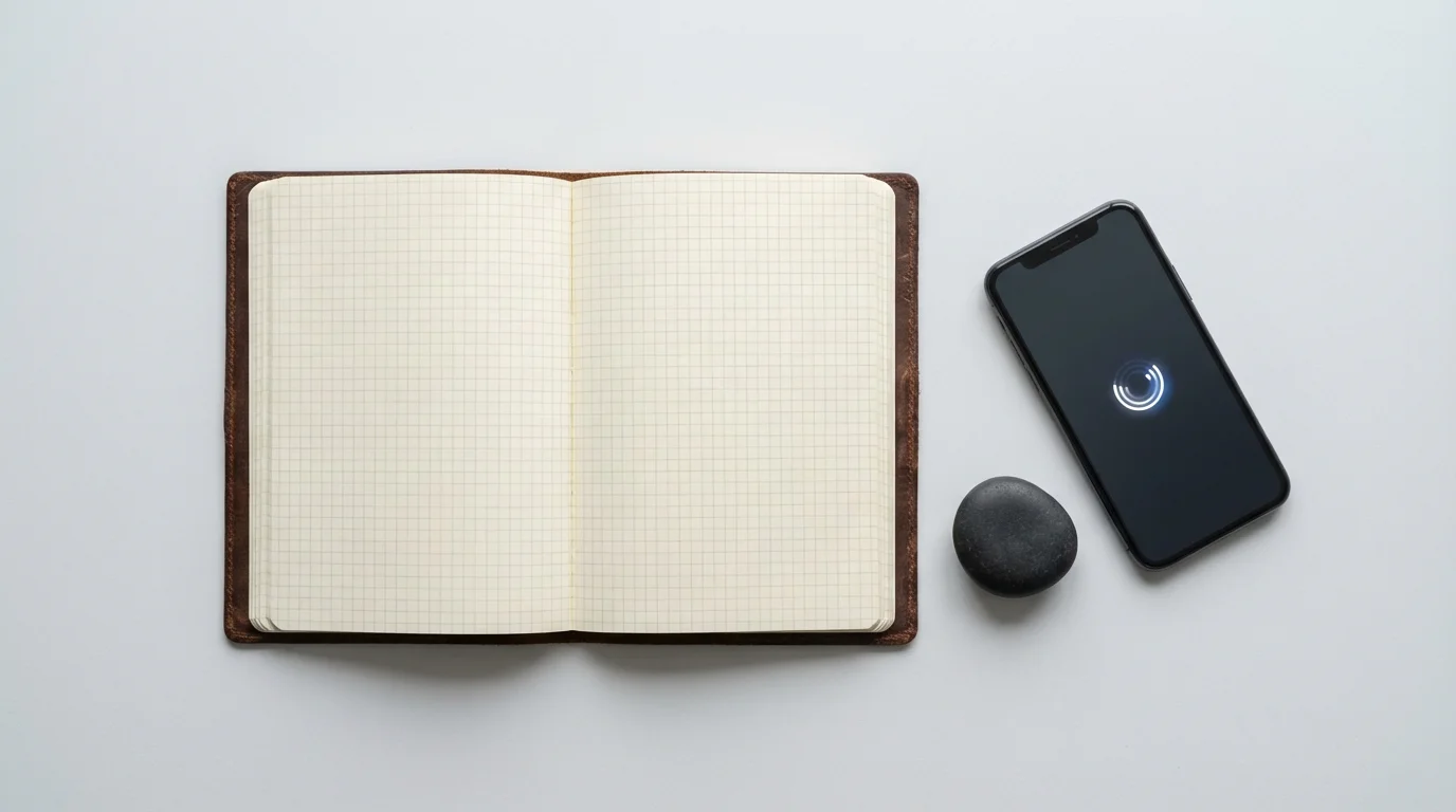Flat lay of a planner, a notification light on a smartphone, and a smooth dark grounding stone.