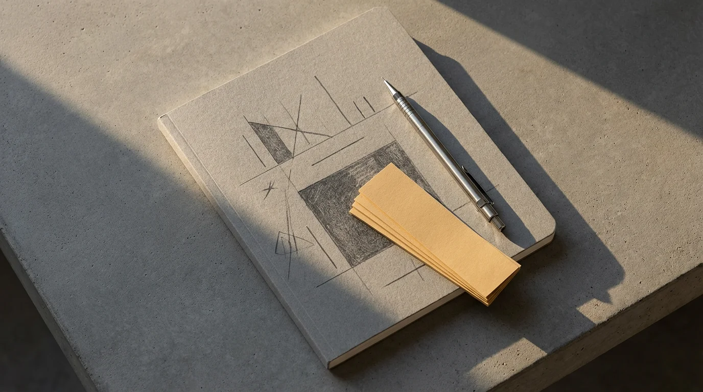 Flat lay of a planner on a concrete desk, showing abstract time blocks extended by colored buffer strips under warm golden hour light.