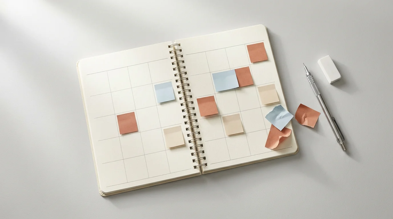 Flat lay of a planner, pencil, and crumpled sticky notes symbolizing scheduled goal review and re-evaluation.