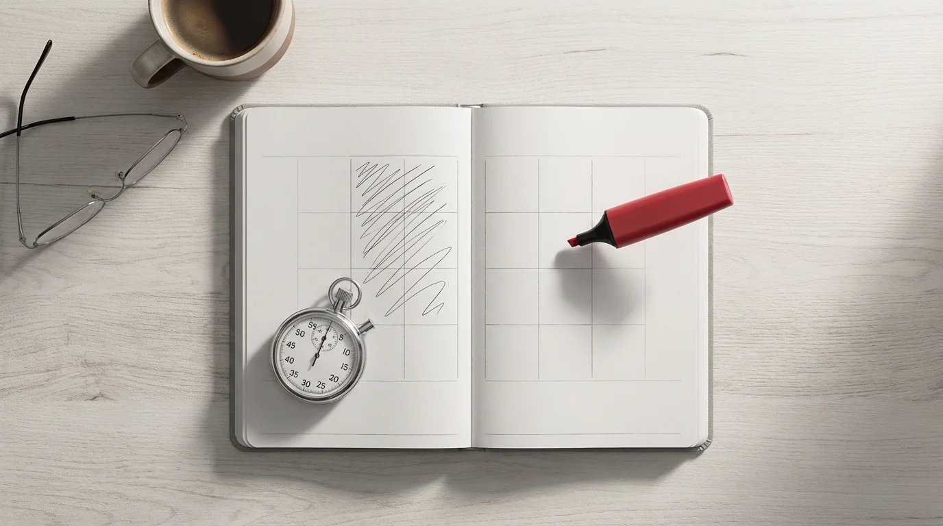 Flat lay of a planner, stopwatch, and highlighter showing a time block overrun and adjustment.