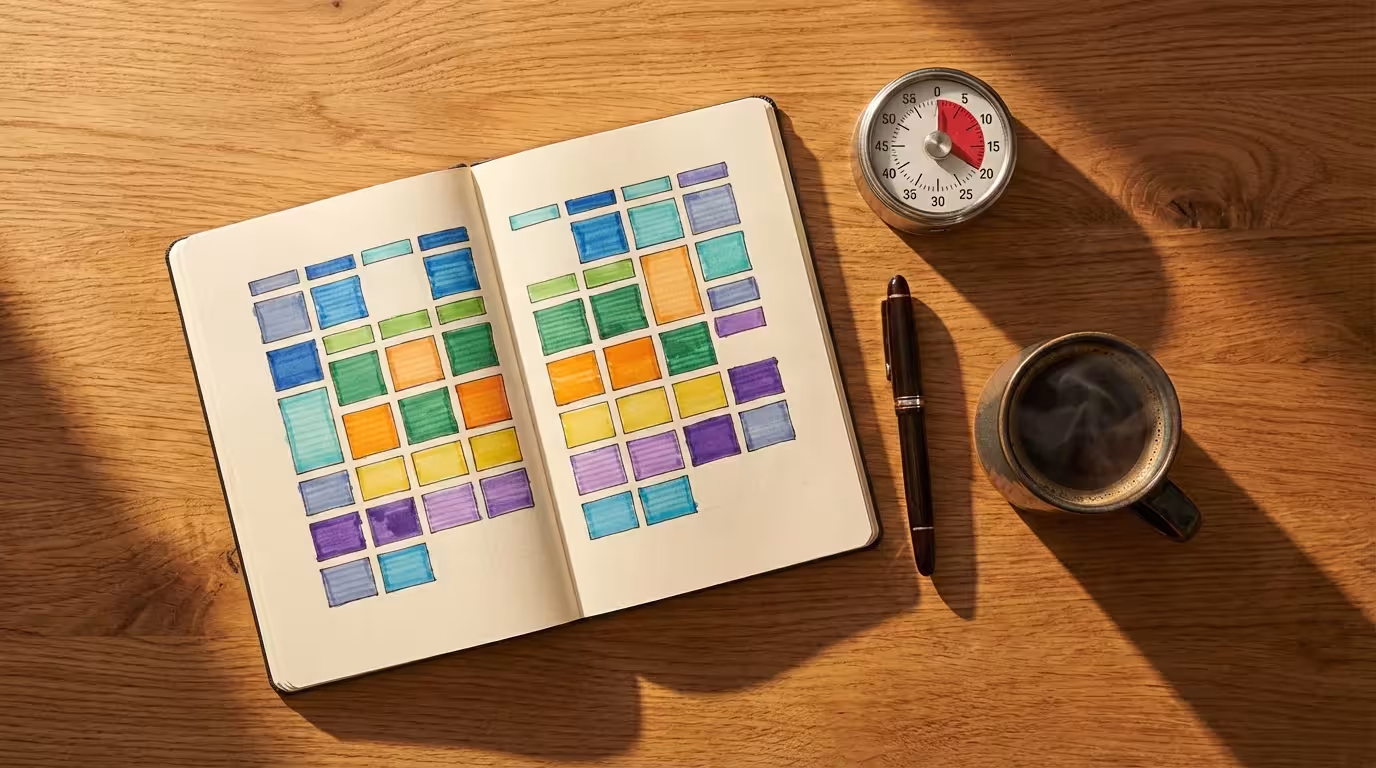 Flat lay of a planner, timer, and coffee on a wooden desk in sunlight.