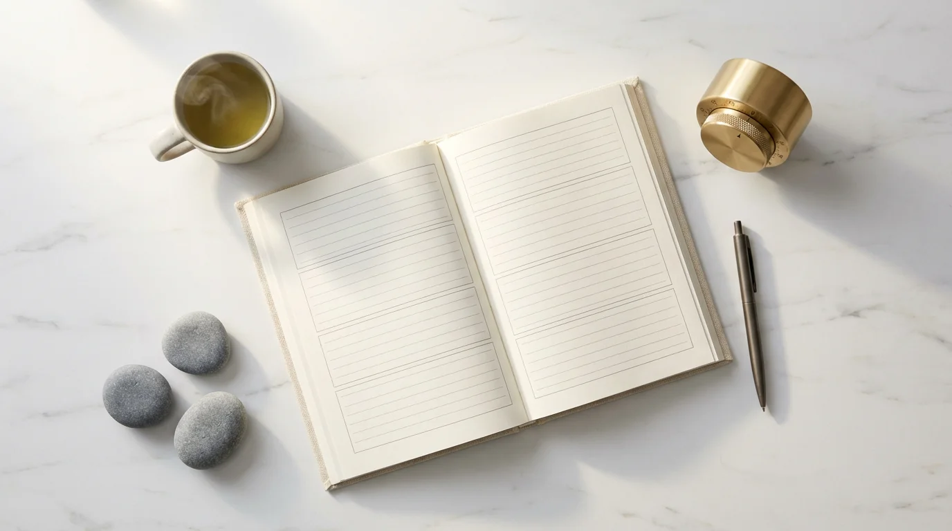 Flat lay of a planner, timer, and green tea on marble, symbolizing a 7-day challenge to recharge.