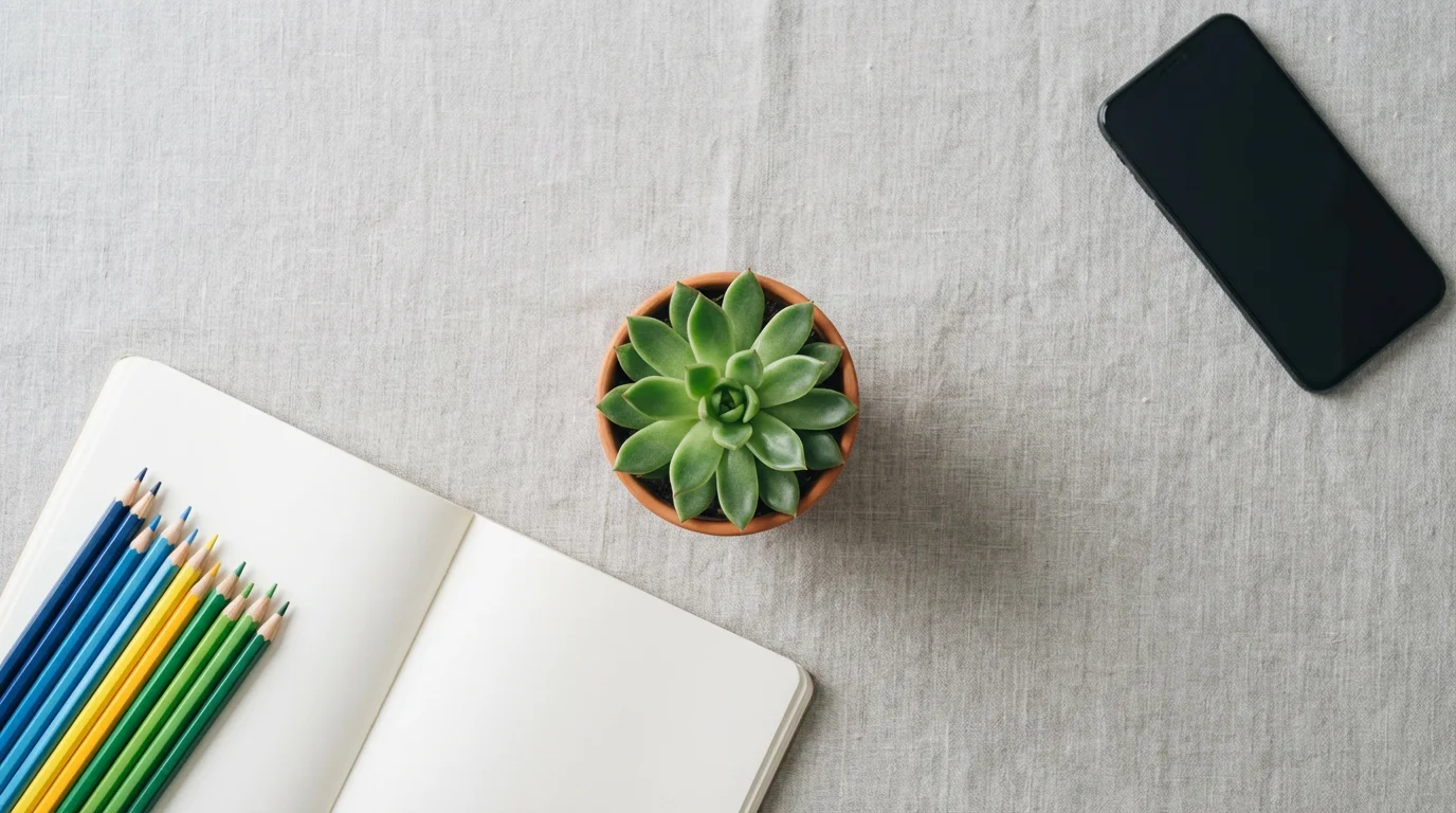 Flat lay of a potted succulent, blank sketchbook, and colored pencils next to an ignored, face-down smartphone.