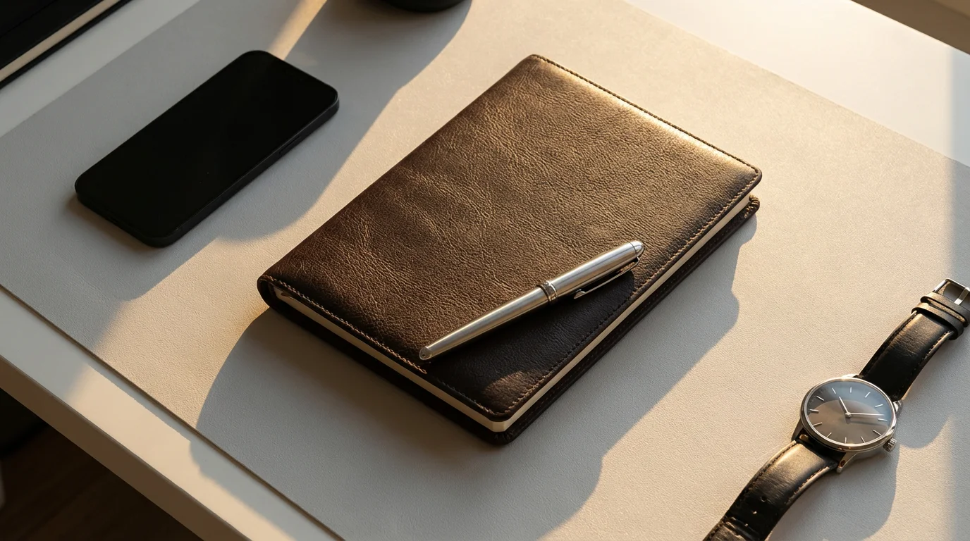 Flat lay of a professional journal, face-down smartphone, and watch, symbolizing communication boundaries and focus.