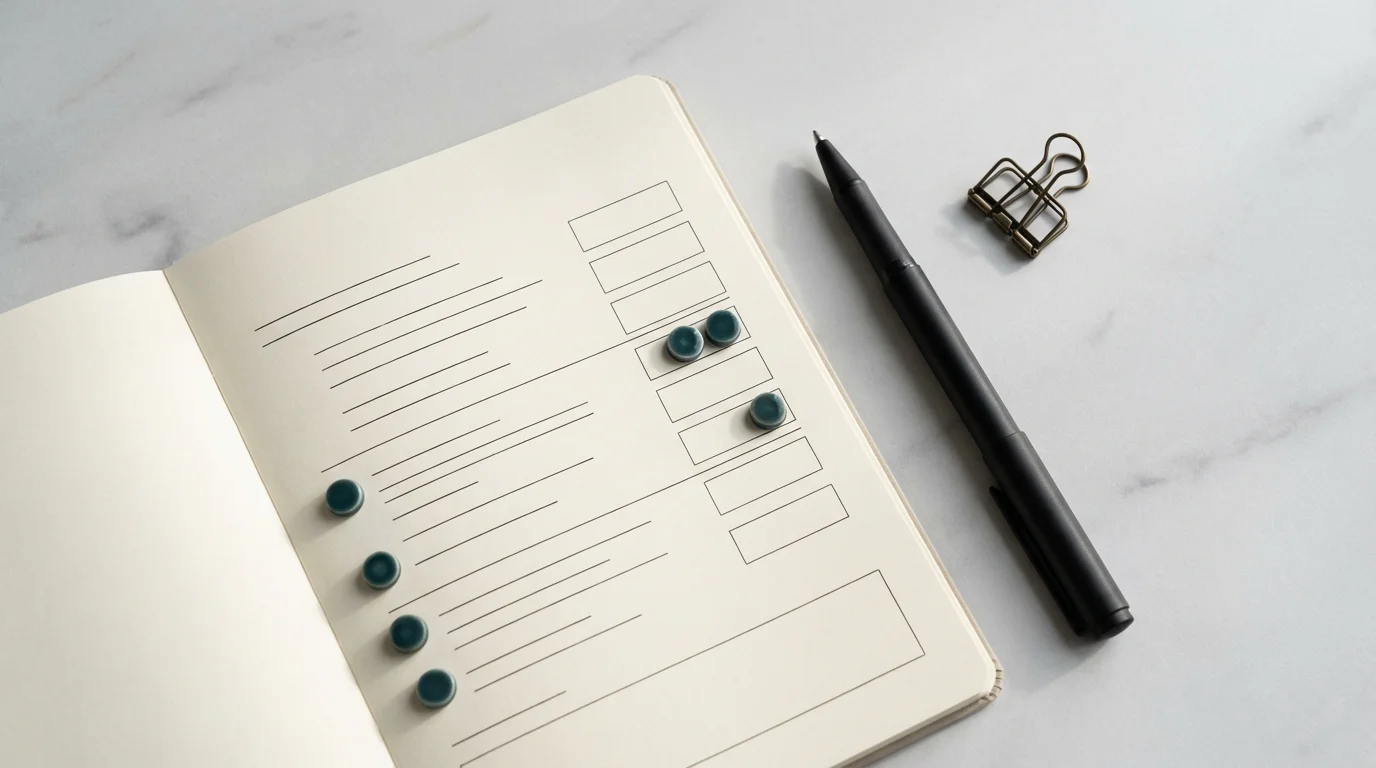 Flat lay of a professional planner using small ceramic tokens to visually prioritize tasks by core value.