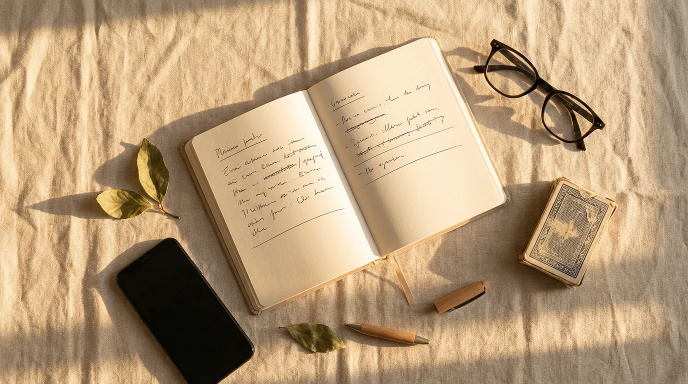 Flat lay of a scheduled planner, reading glasses, and a smartphone intentionally placed face-down.