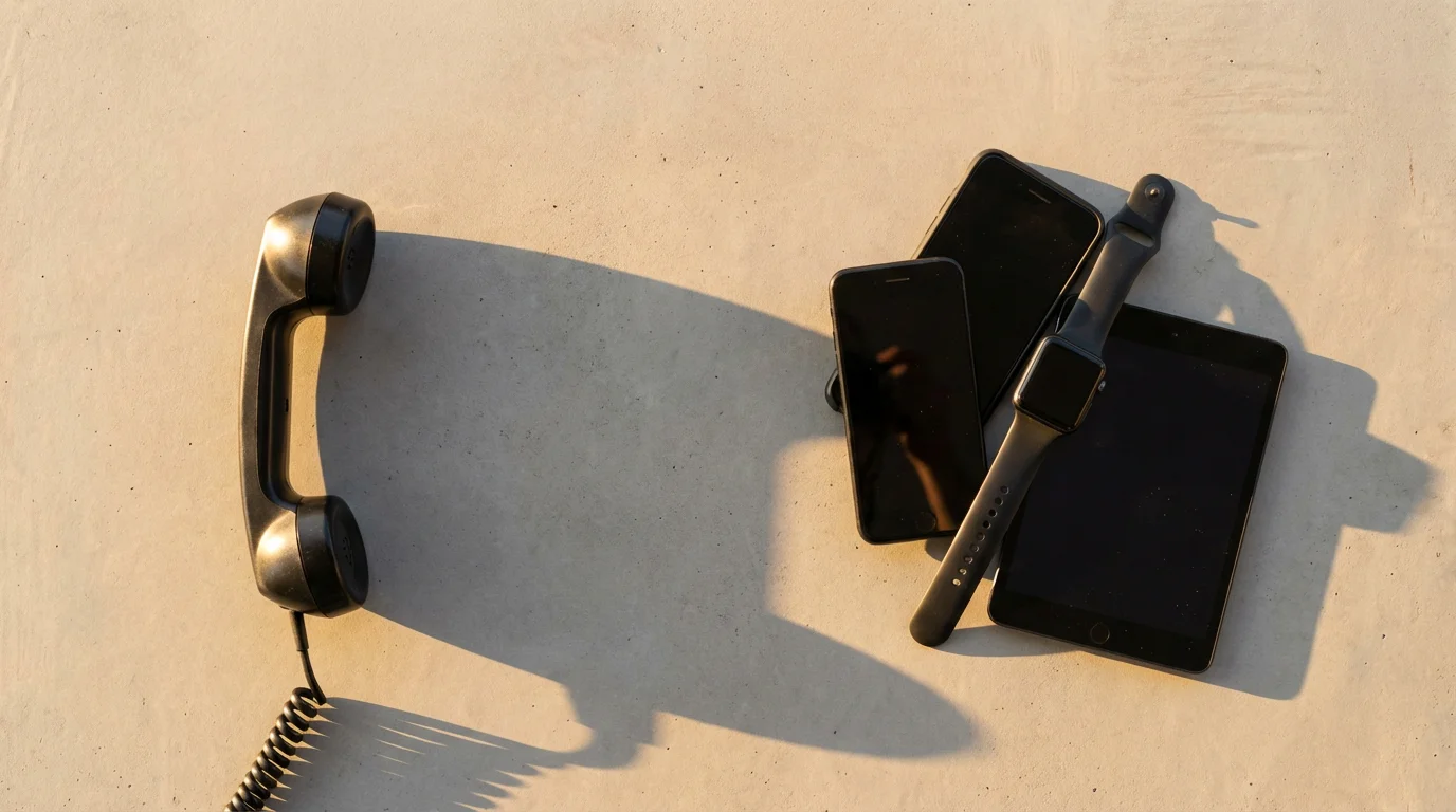 Flat lay of a single telephone receiver contrasting a stack of silenced smartphones and digital devices.
