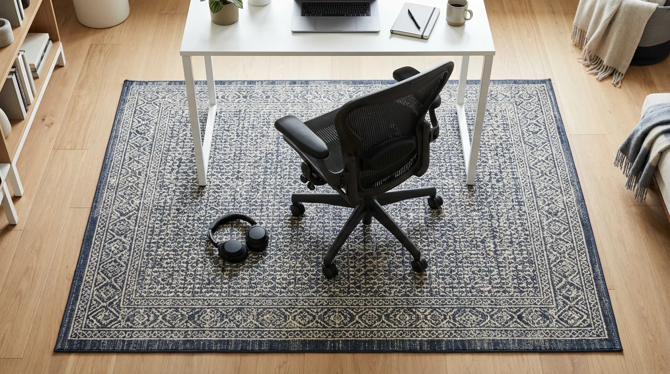 Flat lay of a small geometric rug defining a workspace with desk legs and noise-canceling headphones.