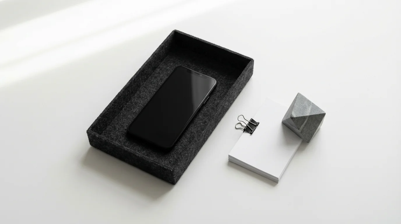Flat lay of a smartphone in a felt tray next to task cards, symbolizing scheduled notification batching.
