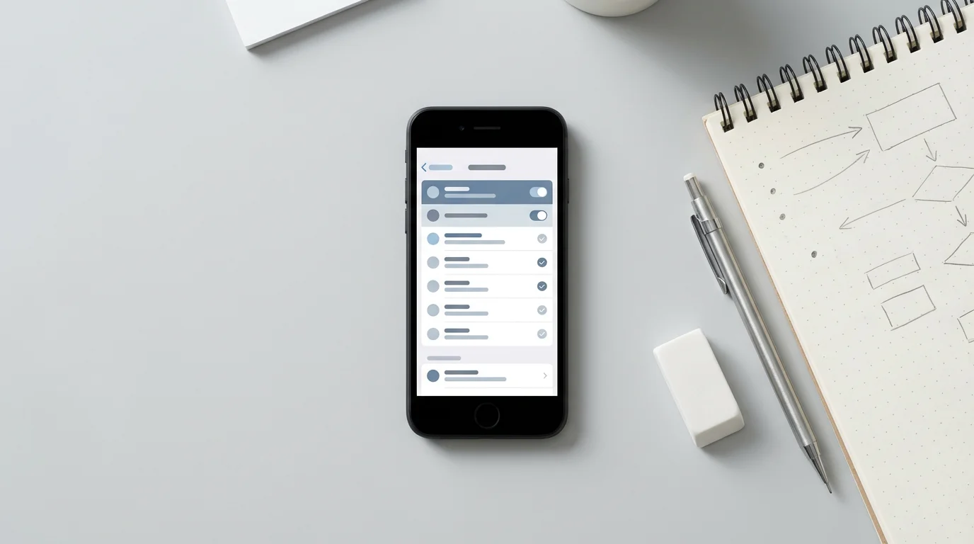 Flat lay of a smartphone, notebook, pencil, and eraser symbolizing regular review of digital settings.