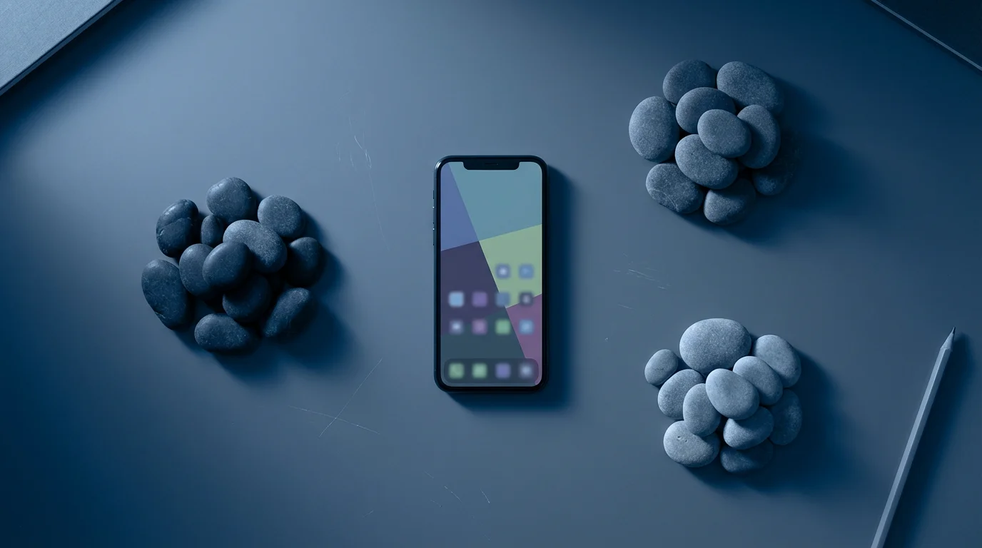 Flat lay of a smartphone on a dark desk with three piles of stones representing notification triage.