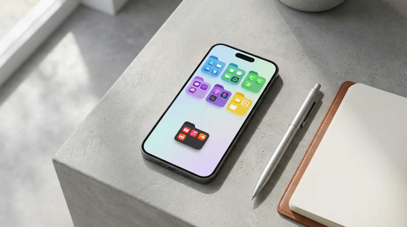 Flat lay of a smartphone screen showing color-coded app folders separating productivity tools from social media time sinks.