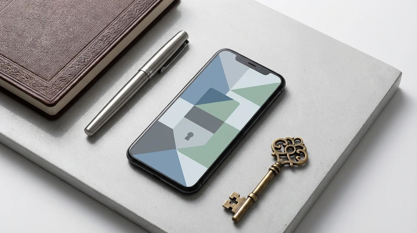 Flat lay of a smartphone showing a security app, a journal, a pen, and an antique brass key.