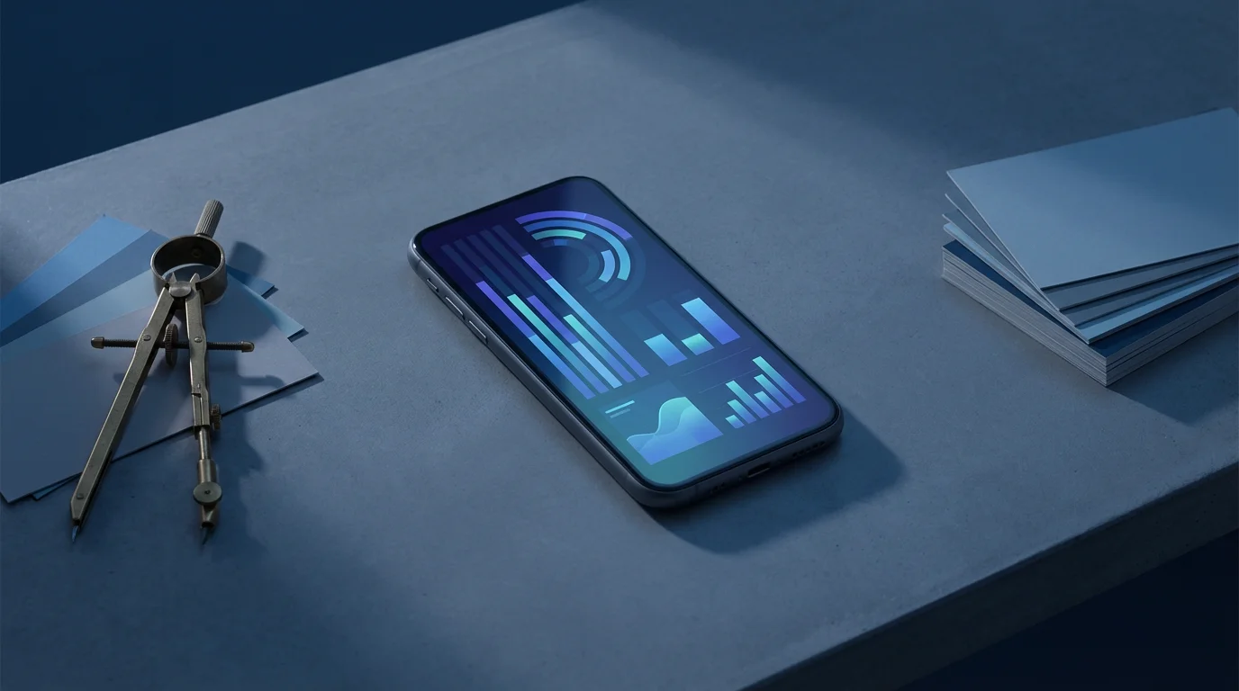 Flat lay of a smartphone showing abstract screen time data bars next to a brass drafting compass in blue hour light.