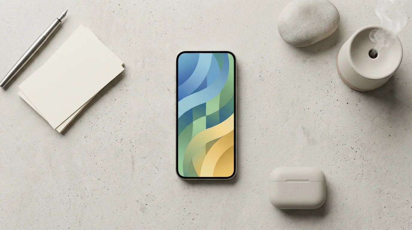 Flat lay of a smartphone showing digital focus modes surrounded by items symbolizing work and calm.