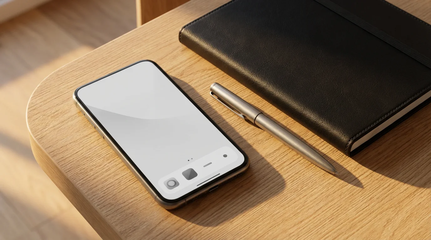 Flat lay of a smartphone with a grayscale, minimalist screen, next to a notebook under golden hour light.