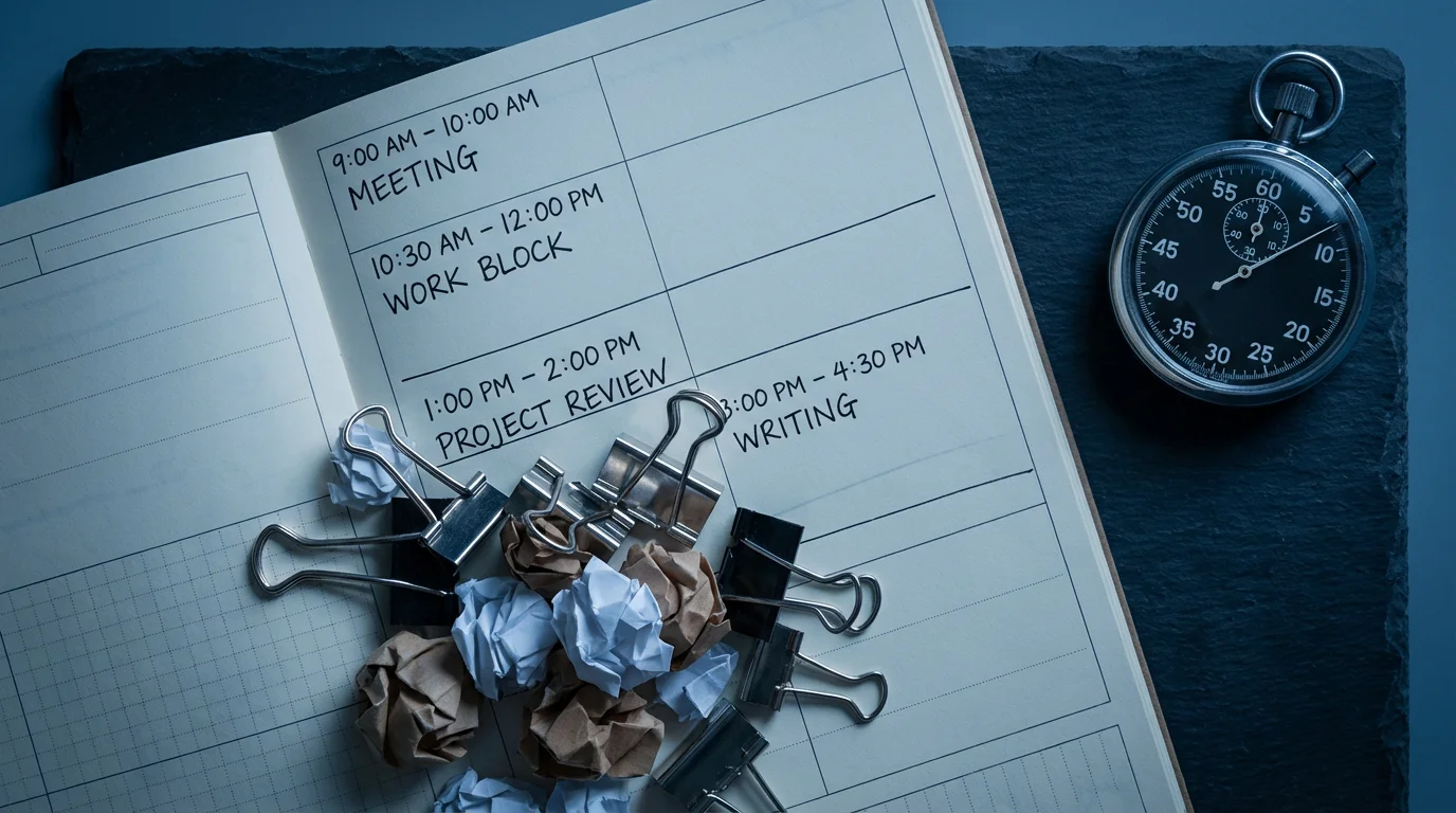 Flat lay of a weekly planner compromised by crumpled paper and an analog stopwatch under cool lighting.