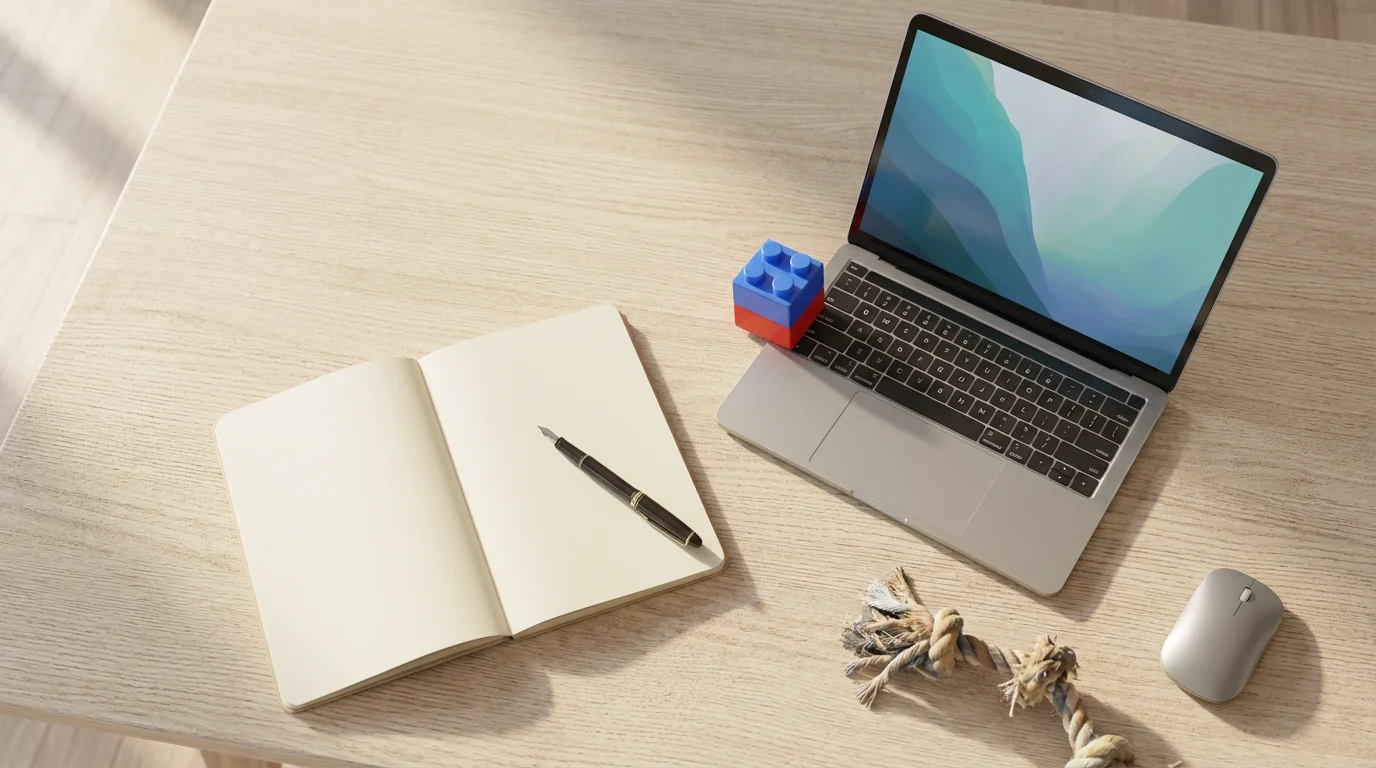 Flat lay of a work desk interrupted by a child's building block and a dog's chew toy.