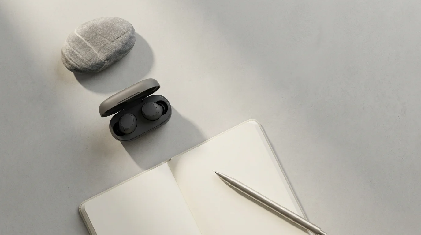 Flat lay of a worry stone, earbuds, and journal, symbolizing mental priming and habit formation.