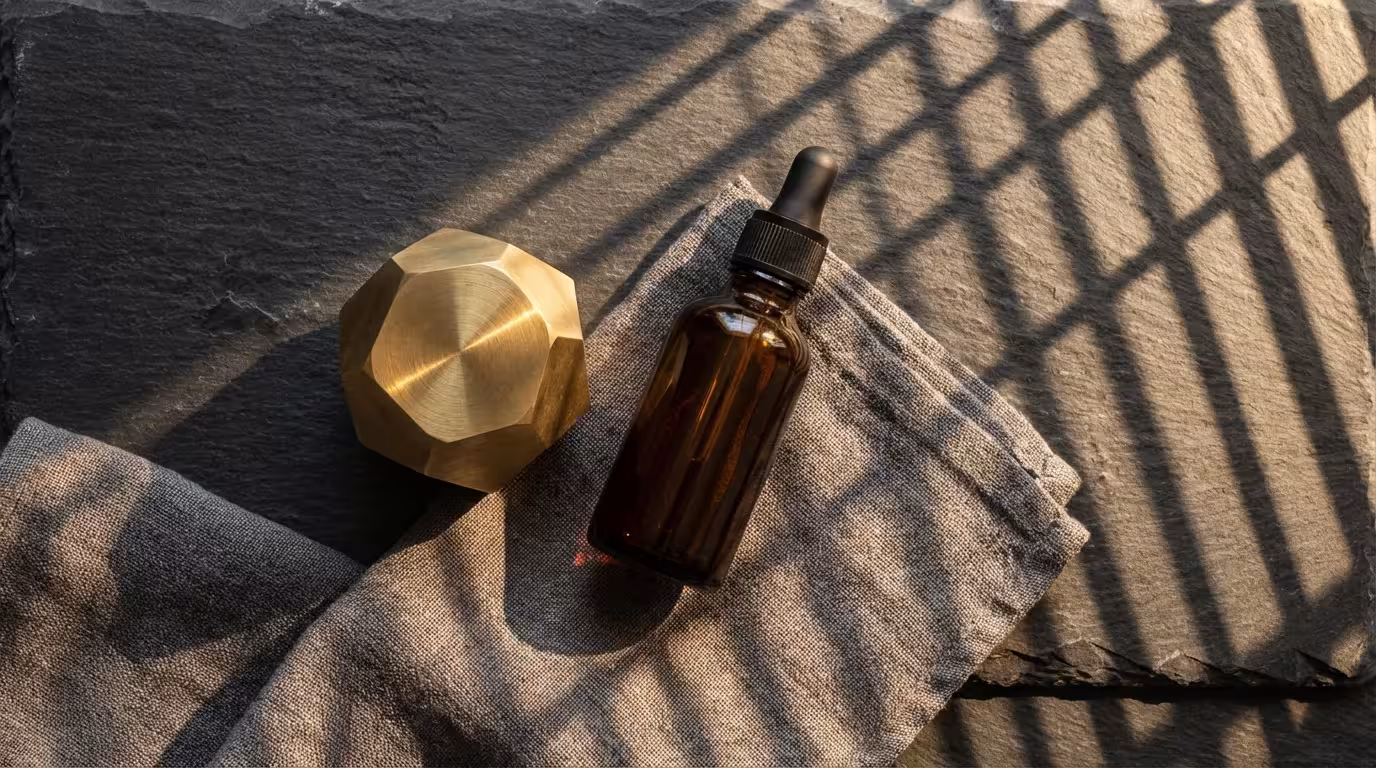Flat lay of amber oil bottle and brass weight on slate with dramatic shadows