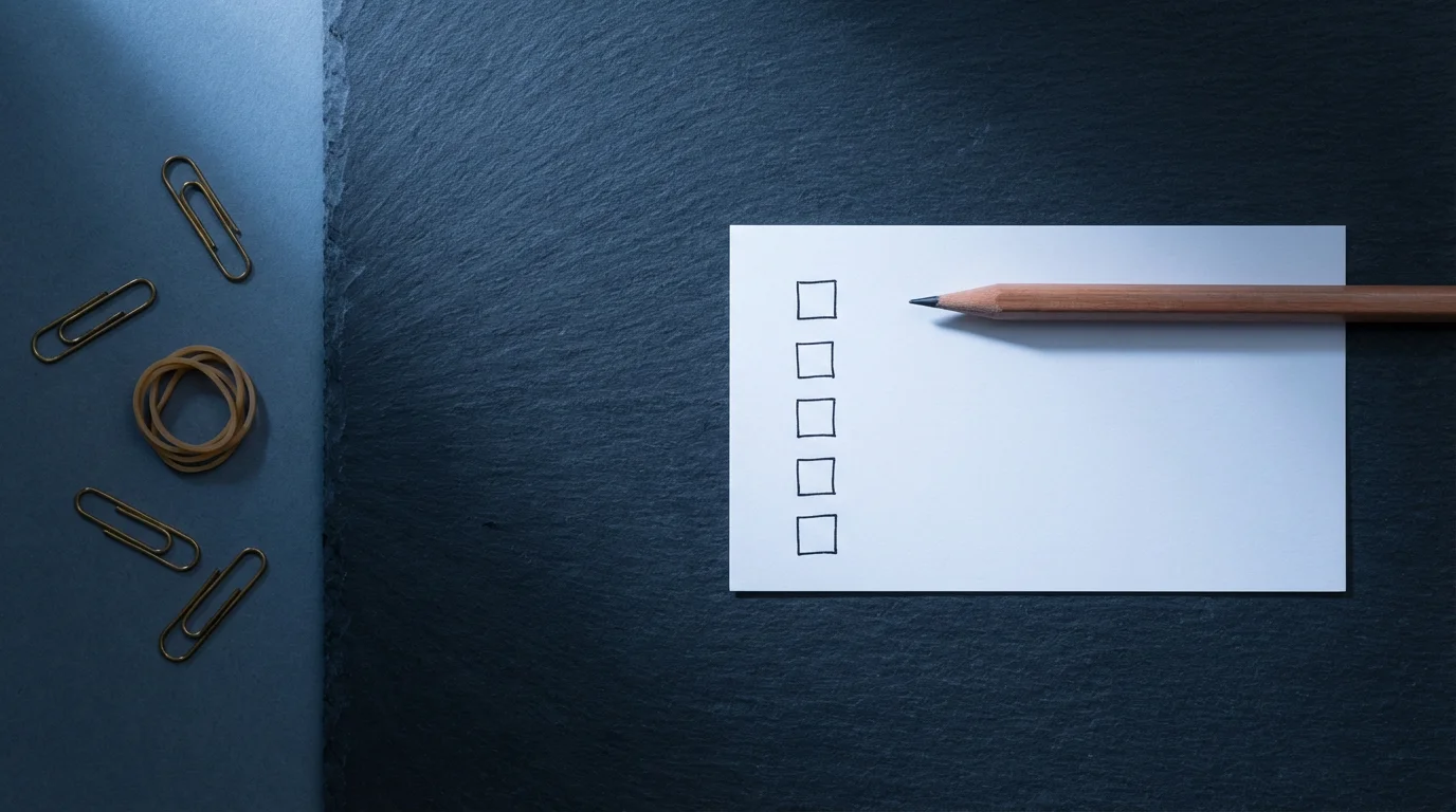 Flat lay of an index card with hand-drawn checkboxes and a sharp pencil on a dark slate surface.