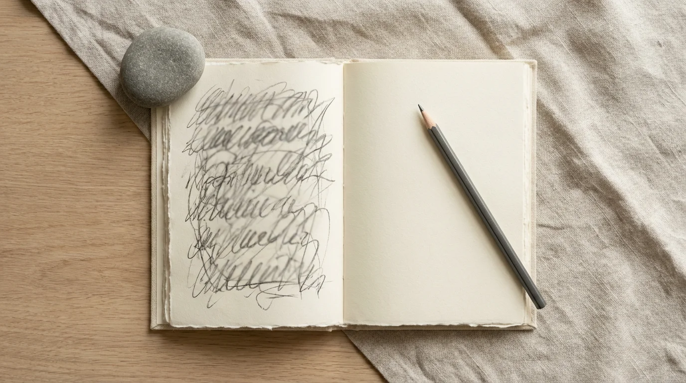 Flat lay of an open journal, pencil, and a smooth stone symbolizing resetting a habit with self-compassion.