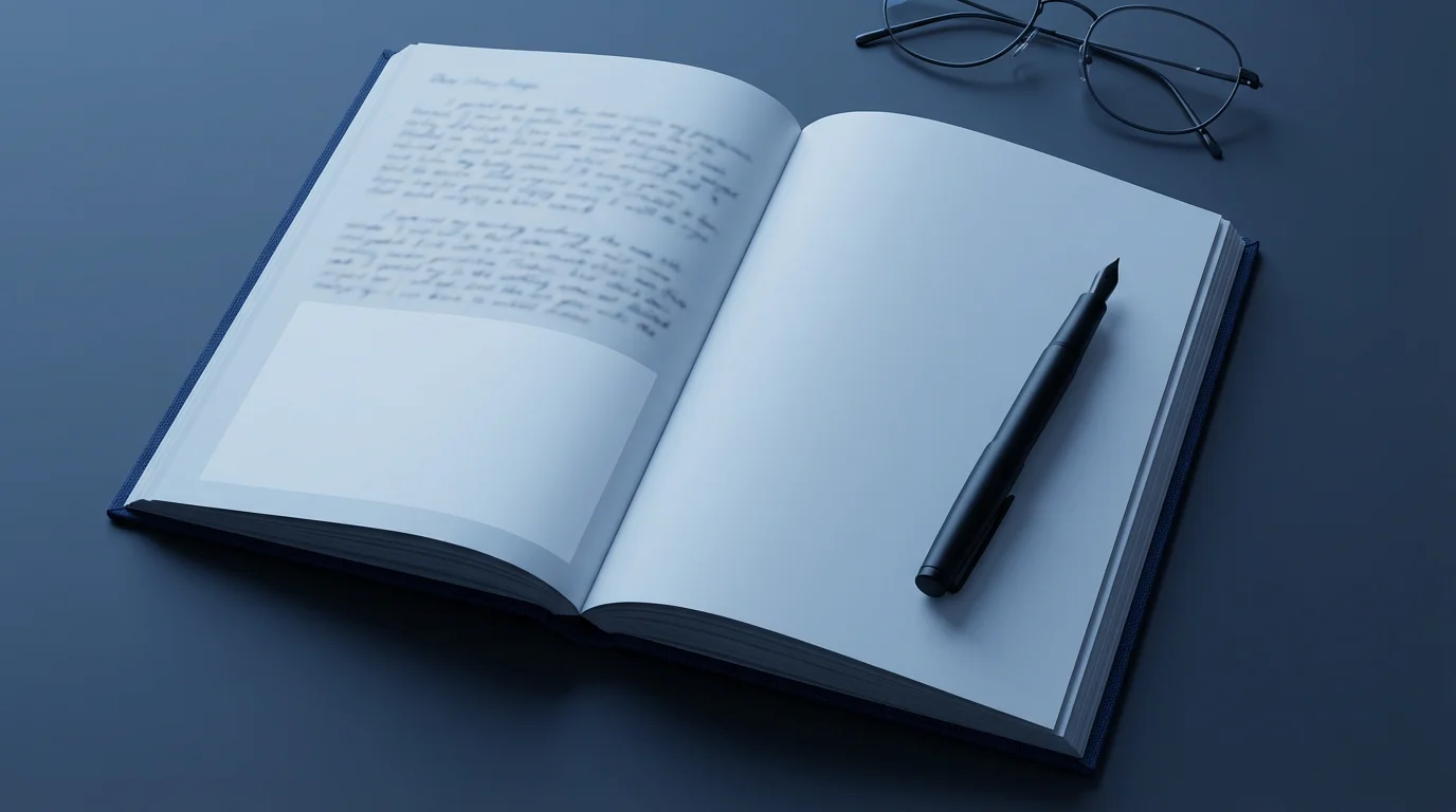 Flat lay of an open journal with a blank gap, symbolizing a restart, under blue hour lighting.