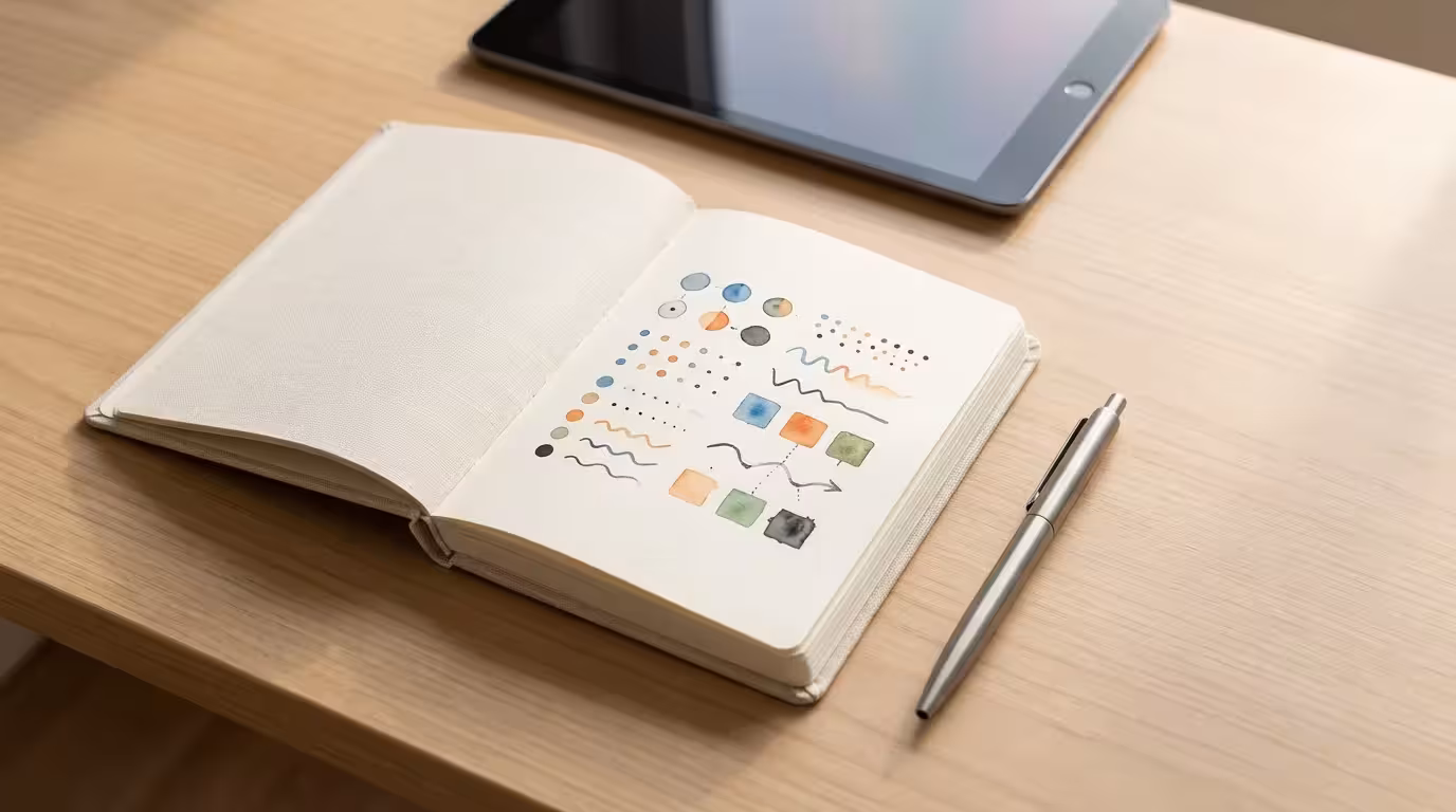 Flat lay of an open journal with abstract marks and a pen next to a dark, switched-off tablet.