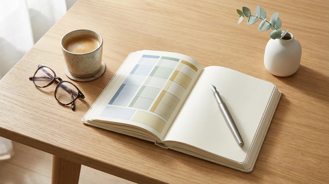 Flat lay of an organized desk with planner, pen, and coffee in morning light.