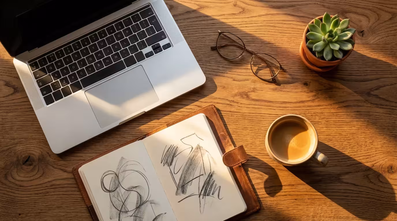 Flat lay of an organized wooden desk with laptop and notebook in warm sunlight.
