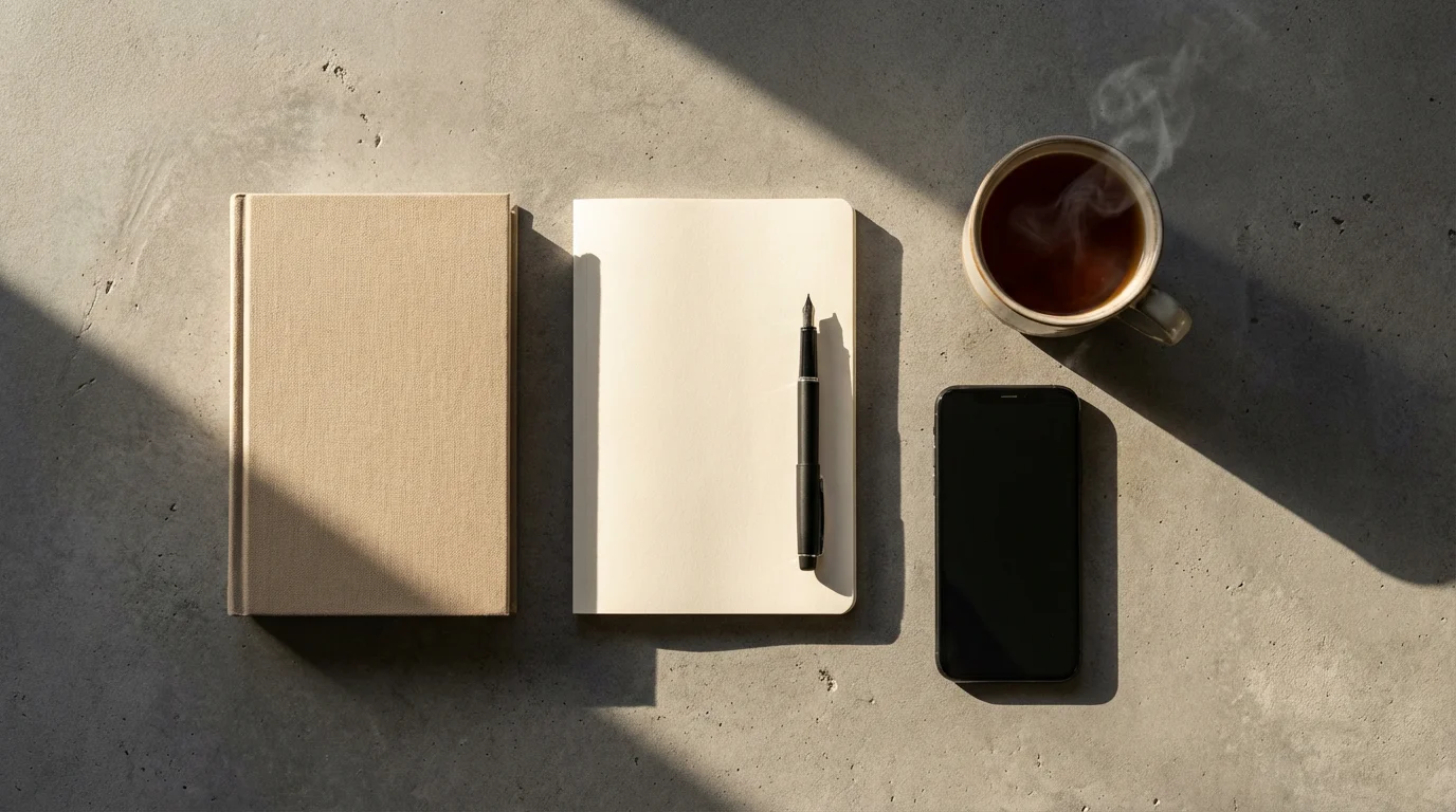 Flat lay of analog journal, physical book, tea, and a face-down smartphone for a digital cleanse.