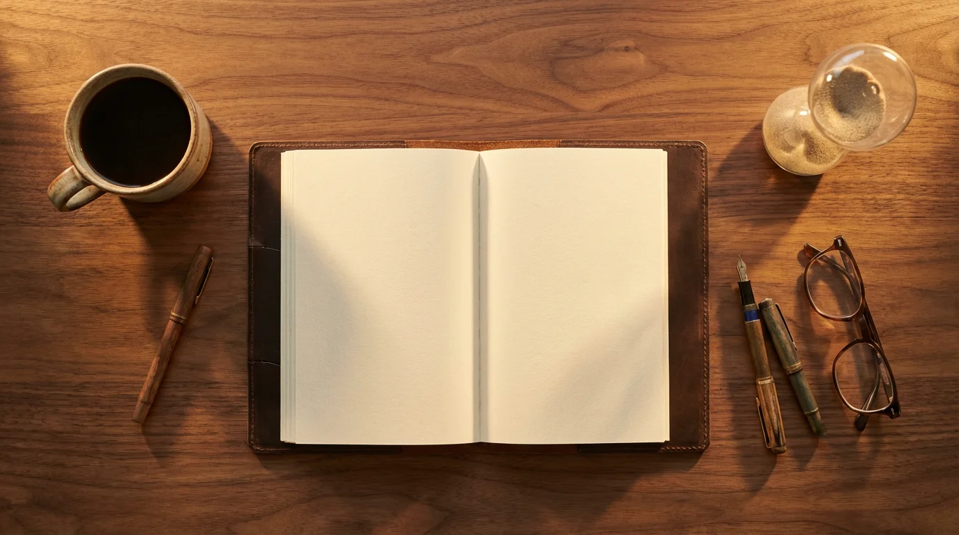 Flat lay of blank notebook and hourglass on wooden desk in warm golden hour sunlight.