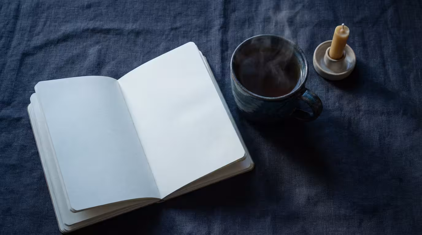 Flat lay of blank notebook and tea cup on linen table during blue hour.