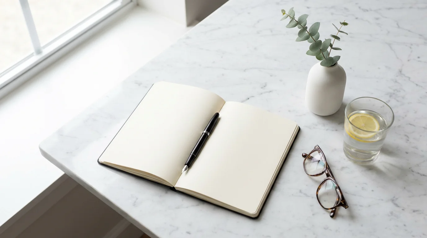 Flat lay of blank notebook, pen, glasses, and water on marble surface.