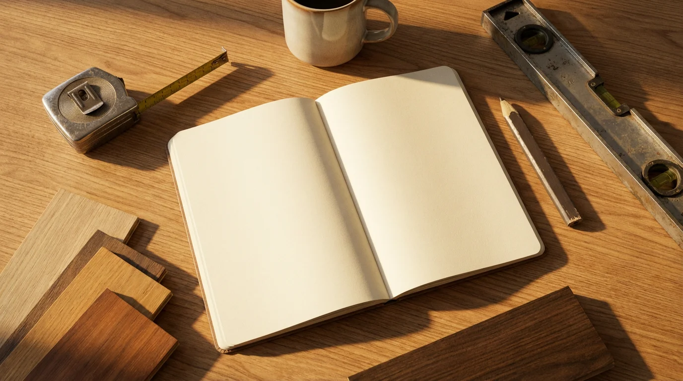 Flat lay of blank notebook, tape measure, and construction tools on wooden table in sunlight.