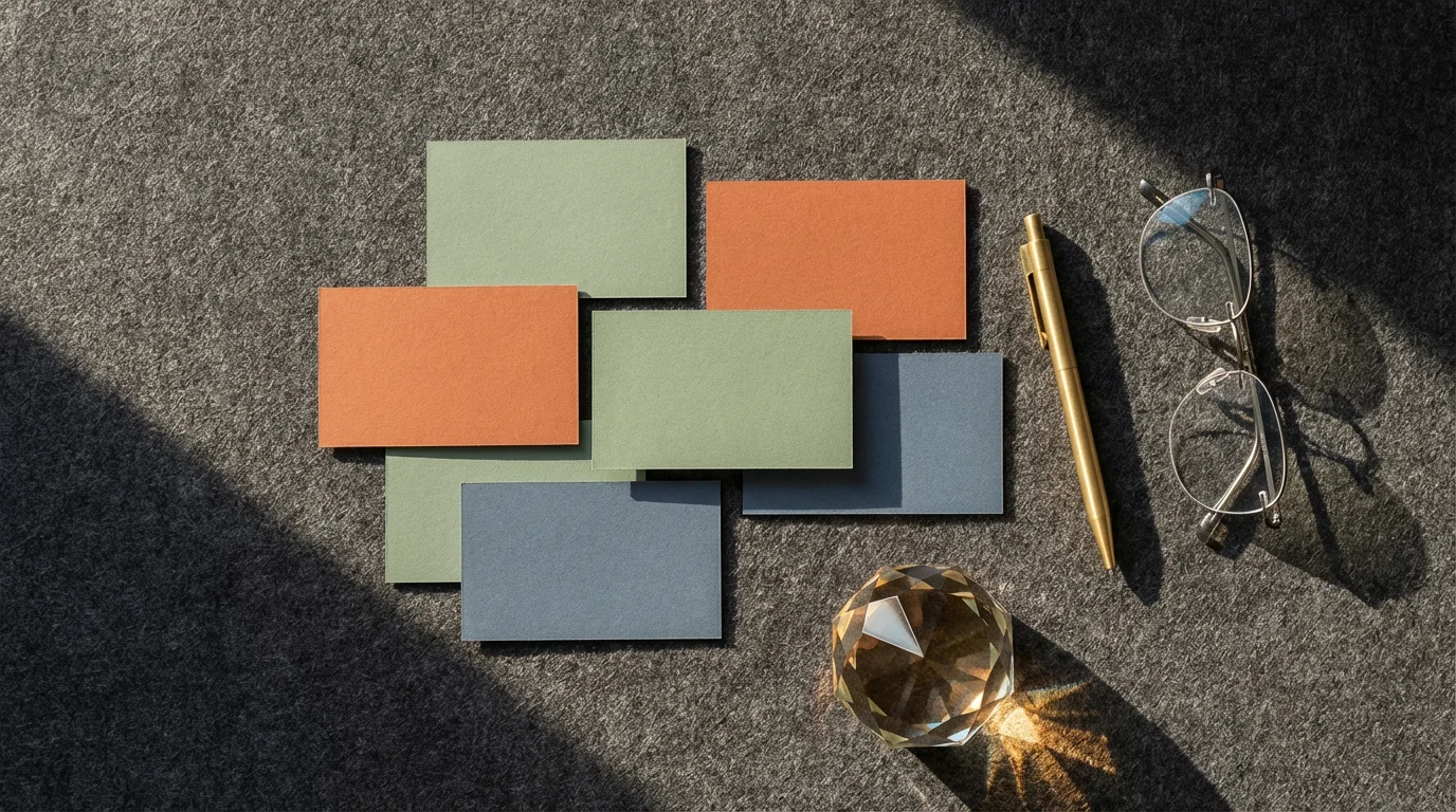 Flat lay of blank sorting cards and glasses on dark felt desk with dramatic shadows.