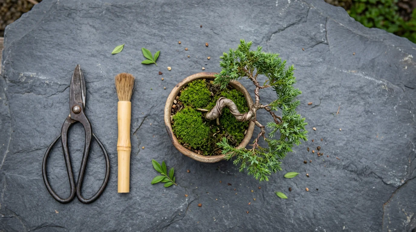 Flat lay of bonsai tree and pruning shears on slate representing mental resilience.