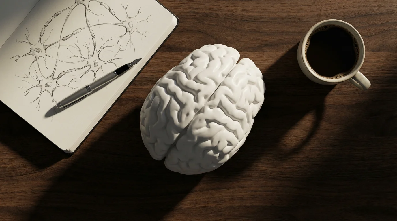 Flat lay of brain model, notebook, and coffee on dark wood desk with dramatic shadows.