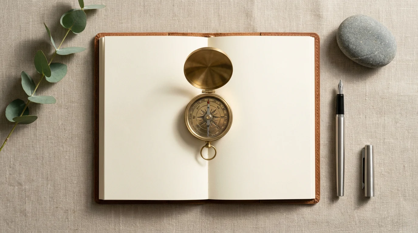 Flat lay of brass compass and blank notebook representing value-based prioritization.