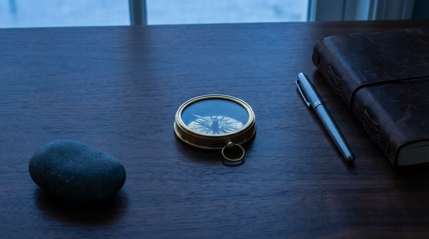 Flat lay of brass compass and closed leather journal on dark wood desk during blue hour