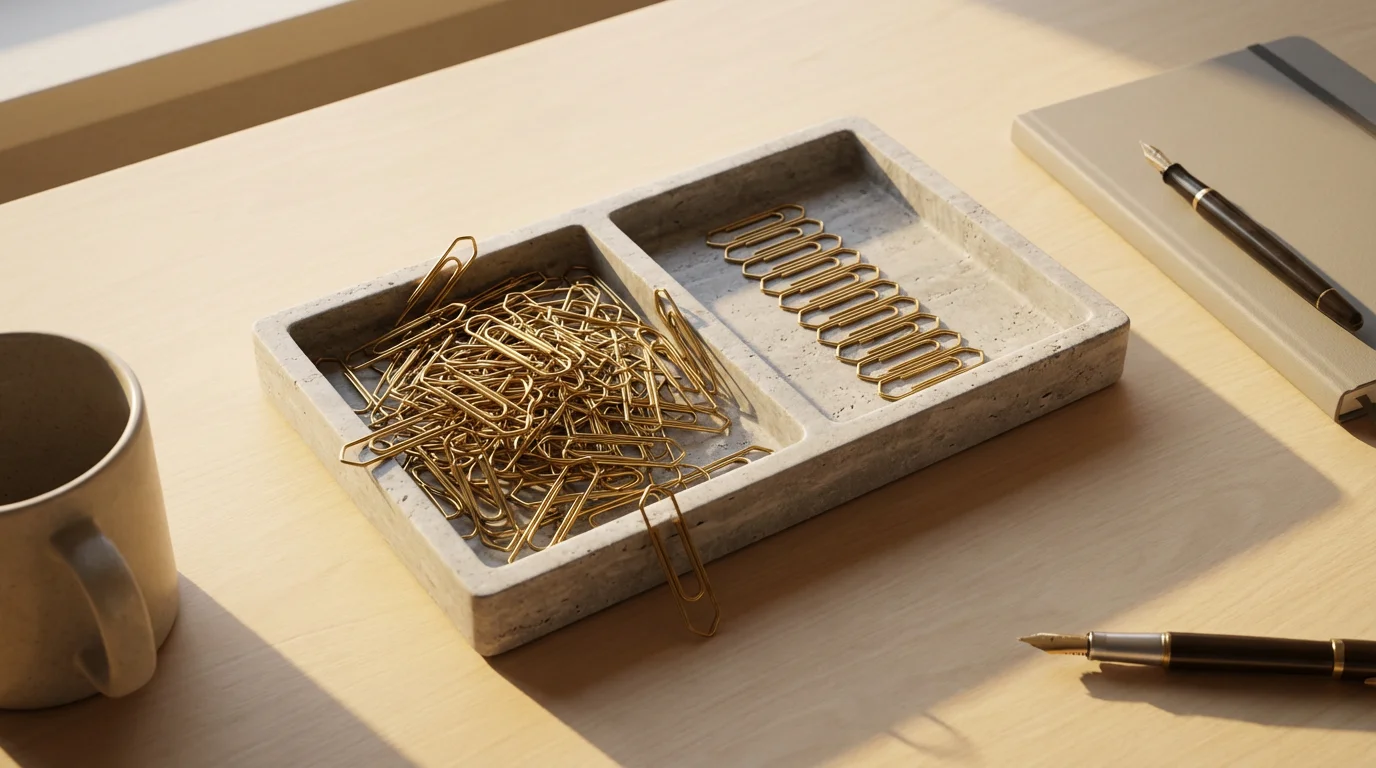Flat lay of brass paperclips in chaotic versus organized sections of a stone desk tray.