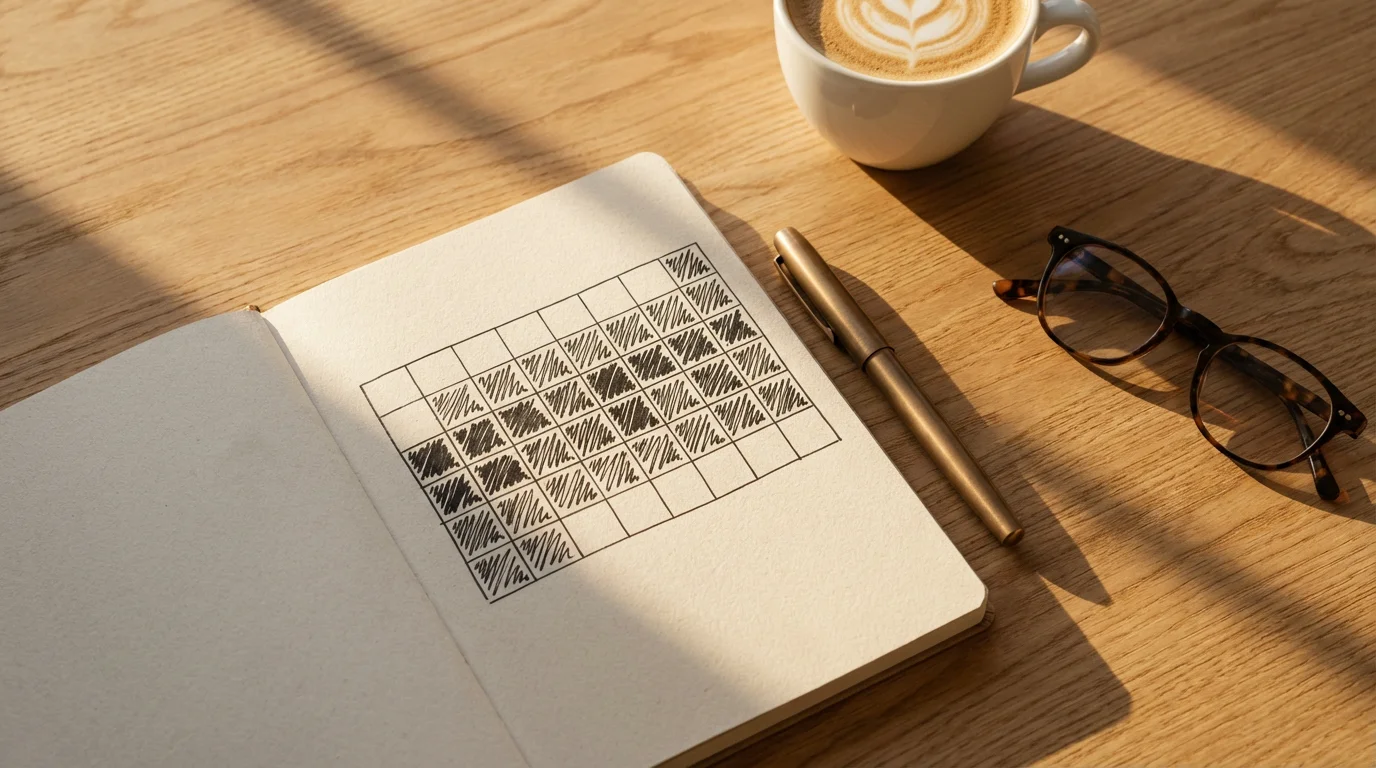 Flat lay of bullet journal with habit tracker grid on desk during golden hour.