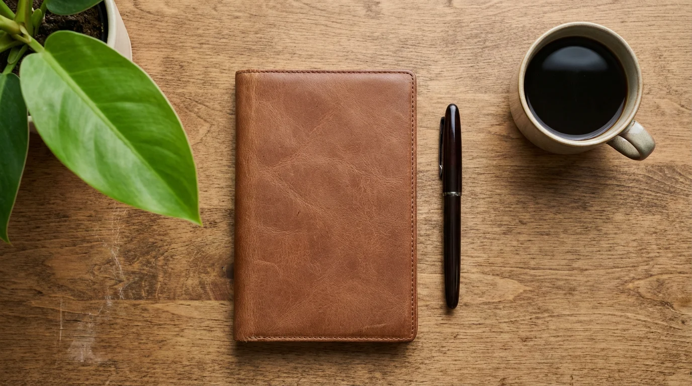 Flat lay of closed notebook, pen, and plant on desk representing neglected long-term goals.