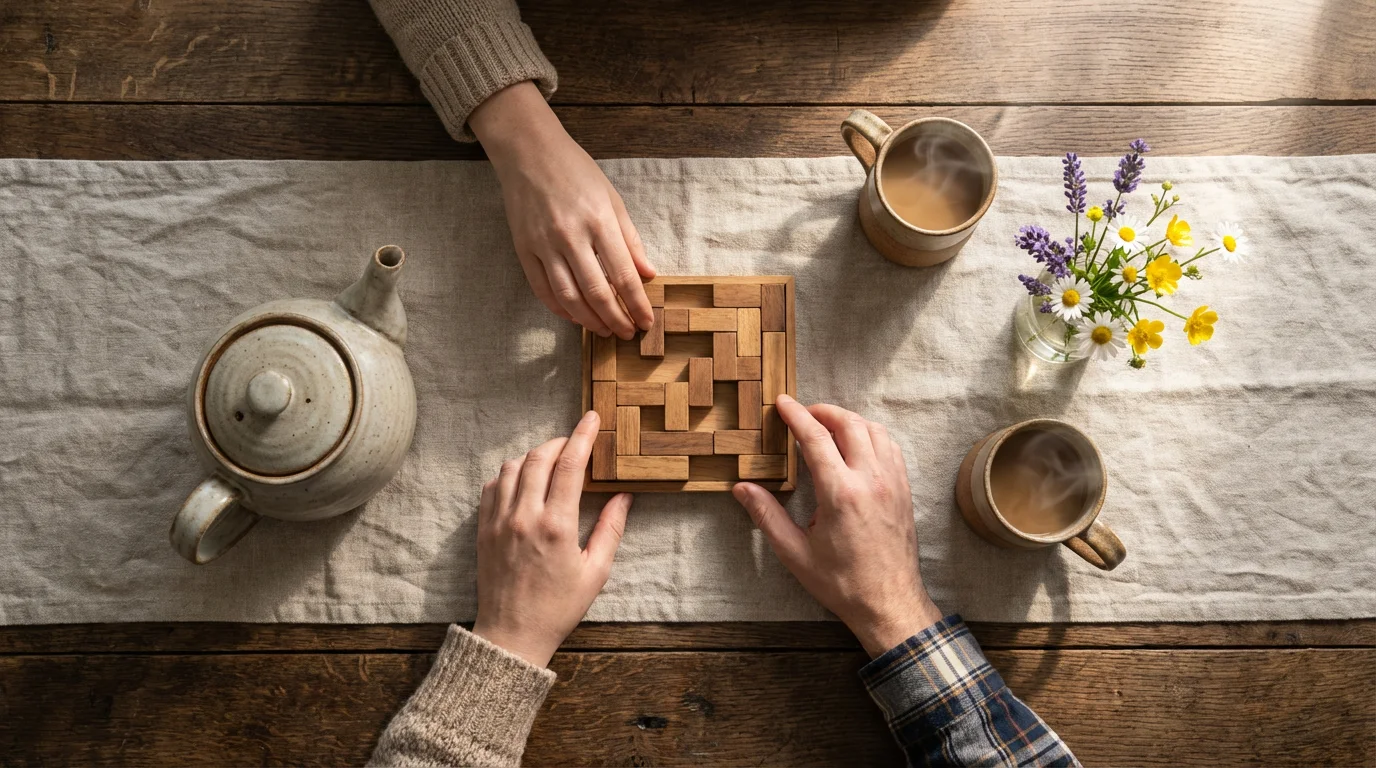 Flat lay of couple playing wooden board game on table with coffee in morning light.