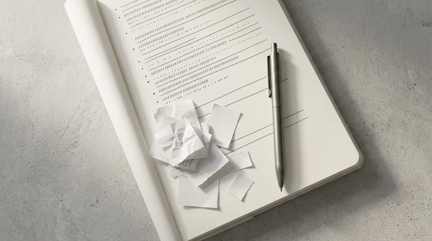 Flat lay of crumpled paper notes disrupting a clean, open habit planner under soft light.