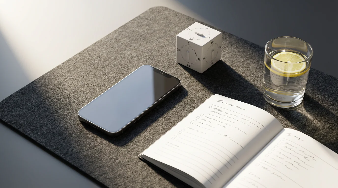 Flat lay of dark desk mat with face-down phone, planner and water glass.