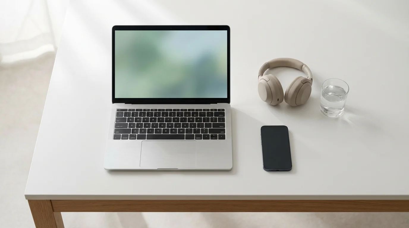 Flat lay of decluttered laptop, headphones and phone on white desk in natural light