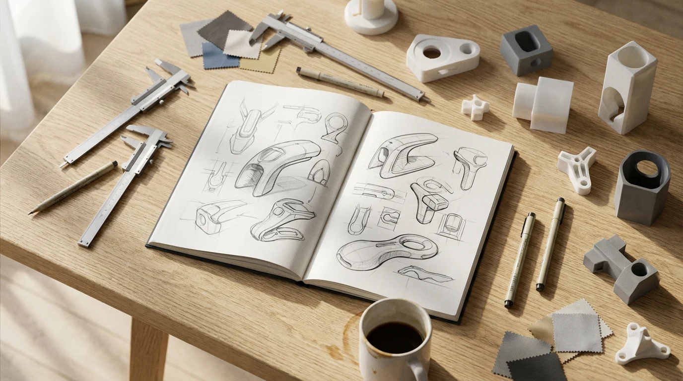 Flat lay of designer desk with sketches and tools illuminated by soft morning light.