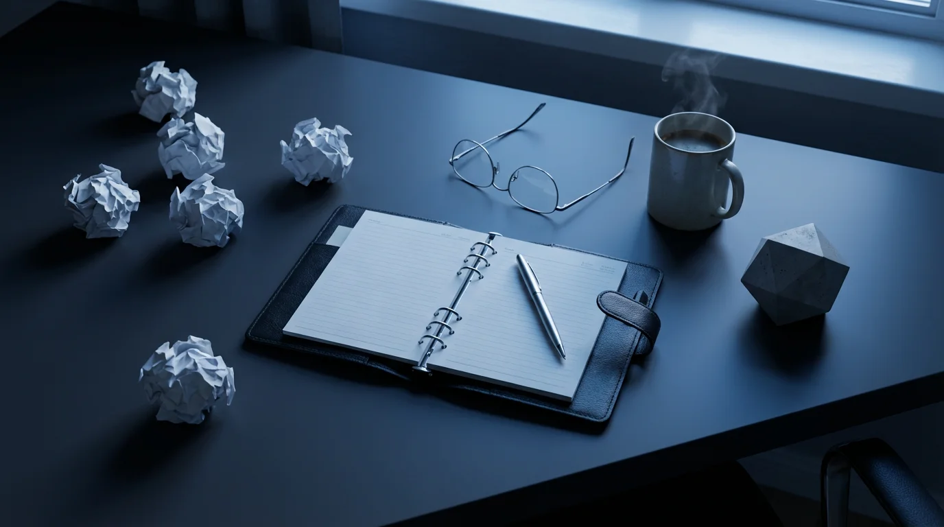 Flat lay of desk with crumpled paper balls and neat planner during blue hour.