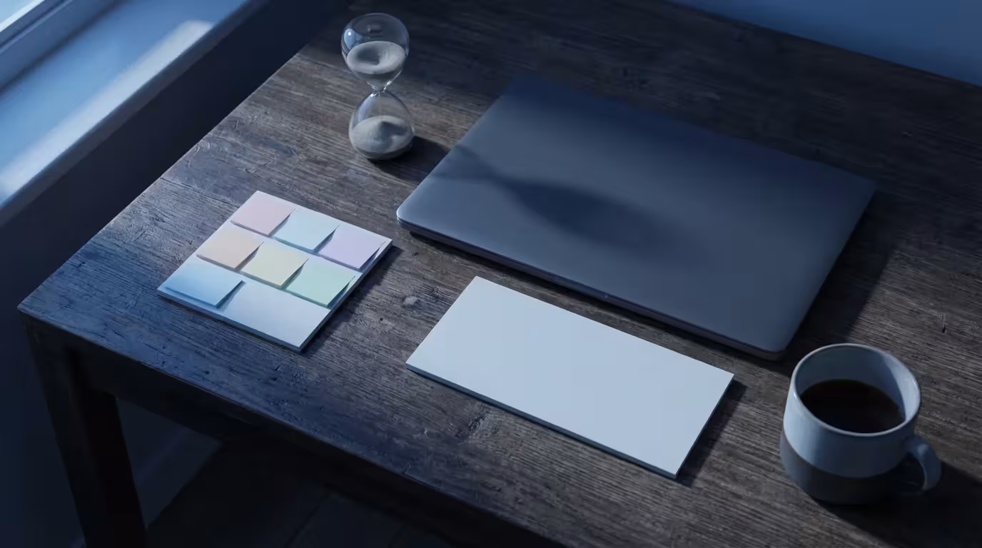 Flat lay of desk with laptop, hourglass, and sticky notes during blue hour evening light.
